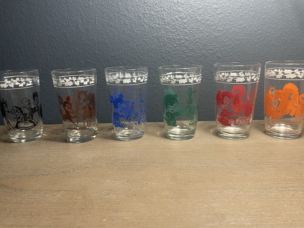 1956 Kraft Swanky Swigs Kiddie Kups Set 6 Hazel Atlas Animal Juice Glasses